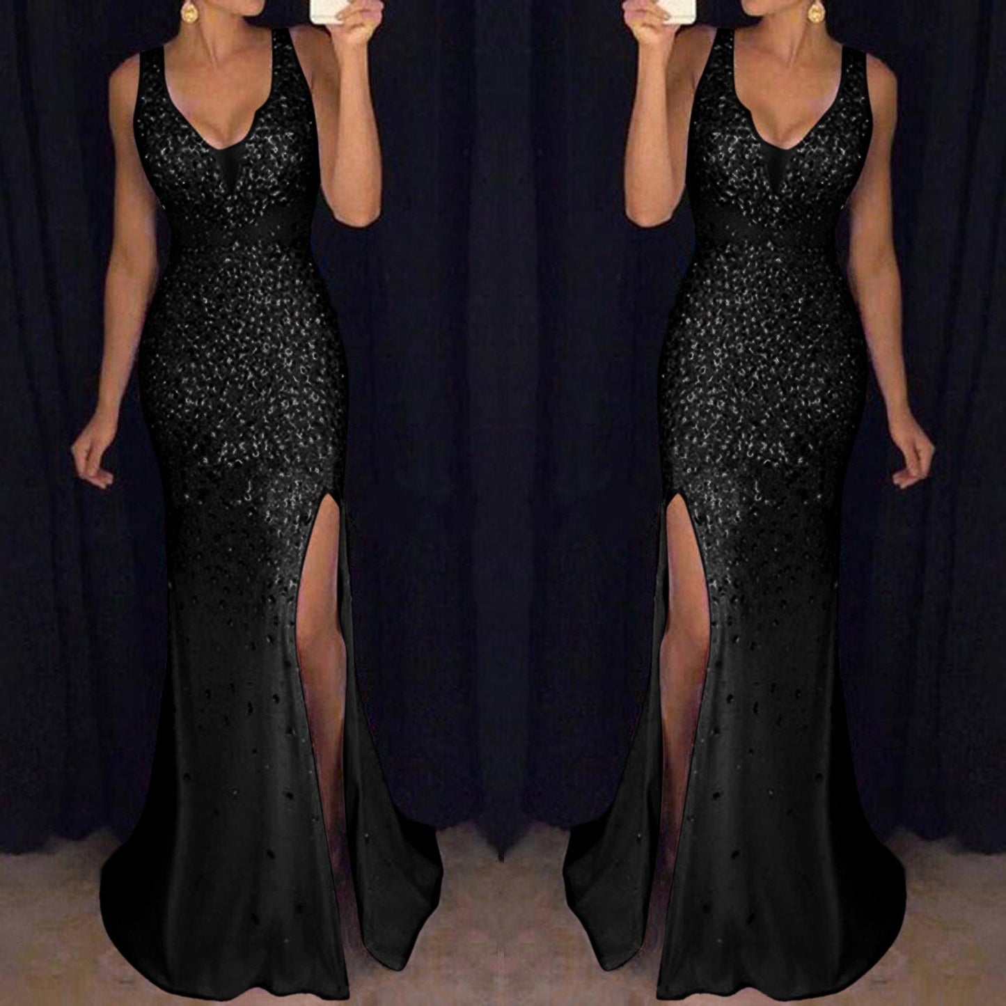 woman in a sparkling black evening gown with a high slit, set against a dark curtain. The tone is elegant and glamorous.