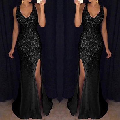 woman in a sparkling black evening gown with a high slit, set against a dark curtain. The tone is elegant and glamorous.