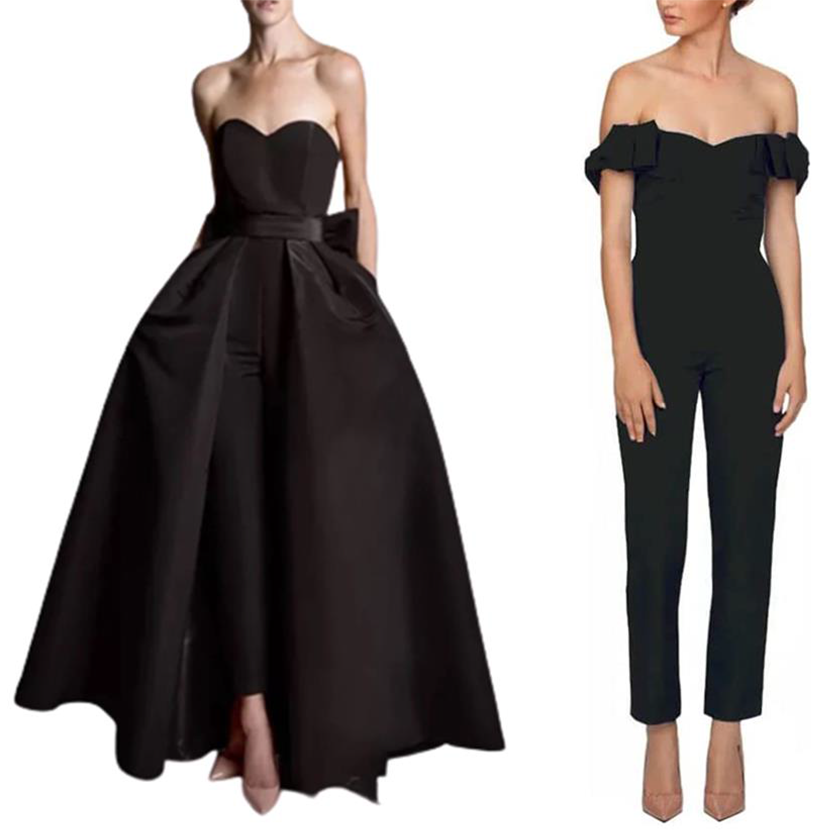 Two elegant black outfits: a strapless dress with a floor-length skirt and a side bow, and an off-shoulder jumpsuit. Both convey sophistication.