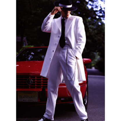 A person in a stylish white suit and black hat stands confidently by a red vintage car. The scene exudes a retro and suave vibe.