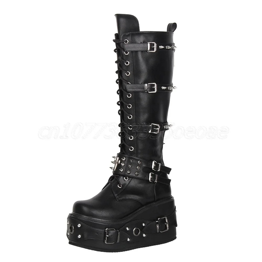 Funki Findz | Boots | Women's Gothic Buckle Rivet Wedge Boots