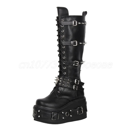 Funki Findz | Boots | Women's Gothic Buckle Rivet Wedge Boots