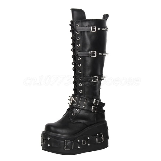 Funki Findz | Boots | Women's Gothic Buckle Rivet Wedge Boots