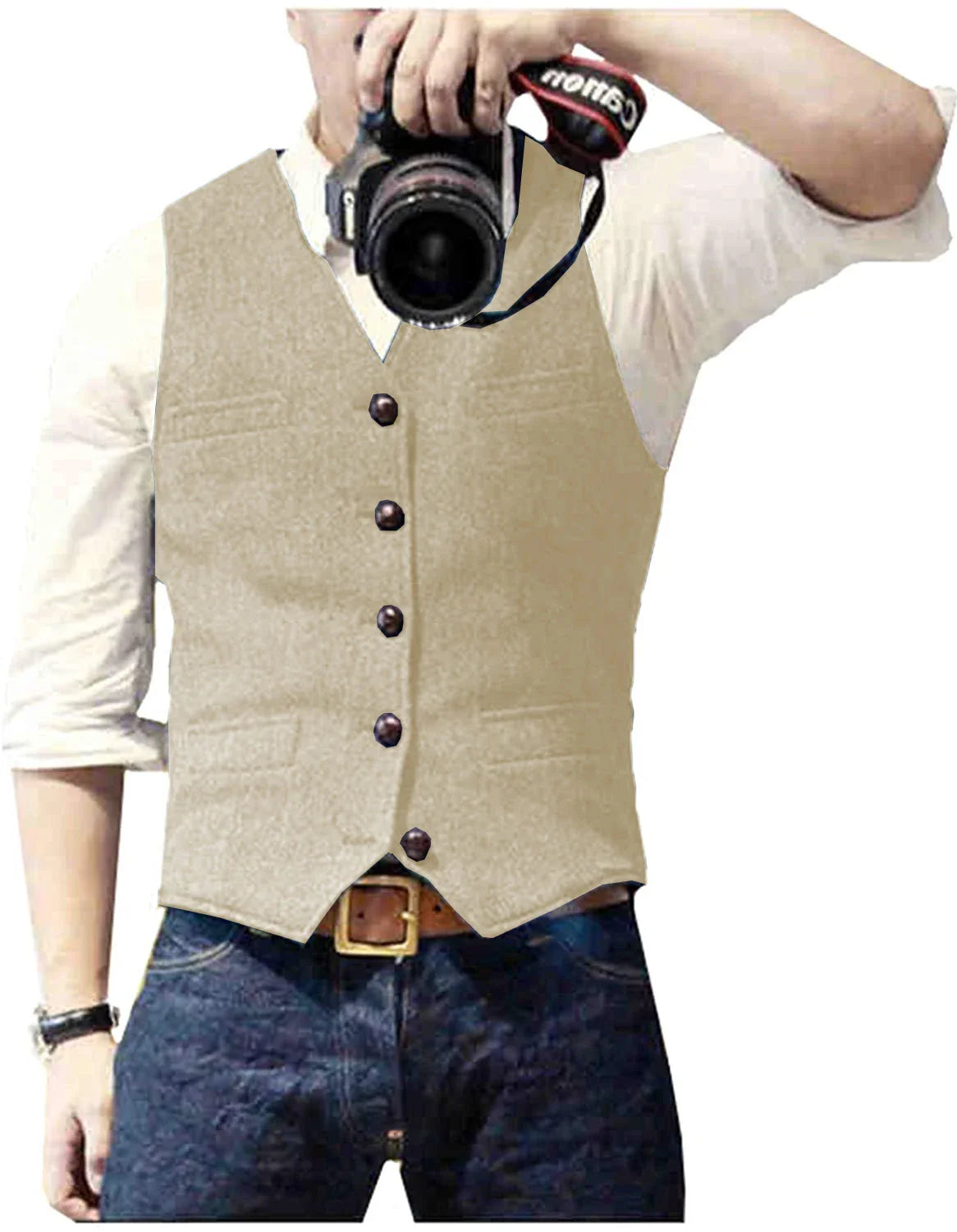 A man in a beige vest and white shirt holds a camera, capturing an image with a serious focus. He wears dark jeans and a belt.