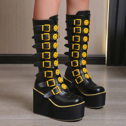 Funki Findz | Boots | Women's Black Yellow Smiley Face Boots