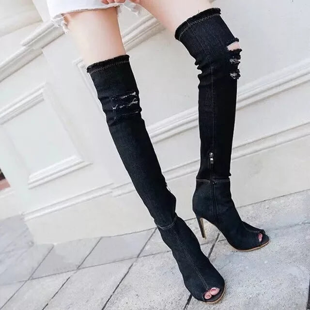 Funki Findz | Boots | Women's Denim Over Knee Stiletto Boots