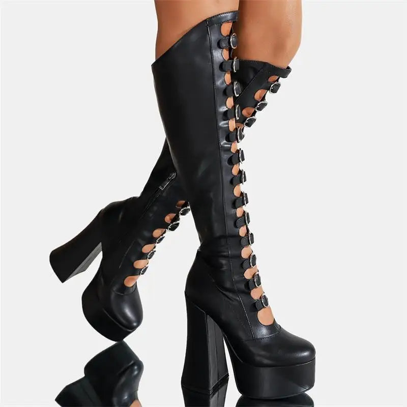 Funki Findz | Boots | Women's Cut Out Chunky Knee High Boots