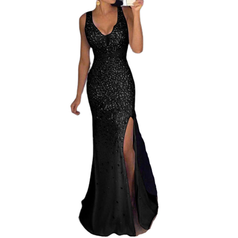 Elegant black evening gown with sequins, deep V-neck, and high slit, worn by a woman taking a mirror selfie. The look is glamorous and sophisticated.