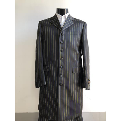 Black mannequin wearing a long, black pinstripe coat with gold lines. The coat has a formal, classic design and button closure, paired with a white shirt.
