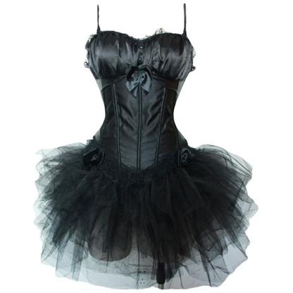 Elegant black satin corset with lace trim and decorative bows. The design is sophisticated and feminine, creating a graceful and stylish look.