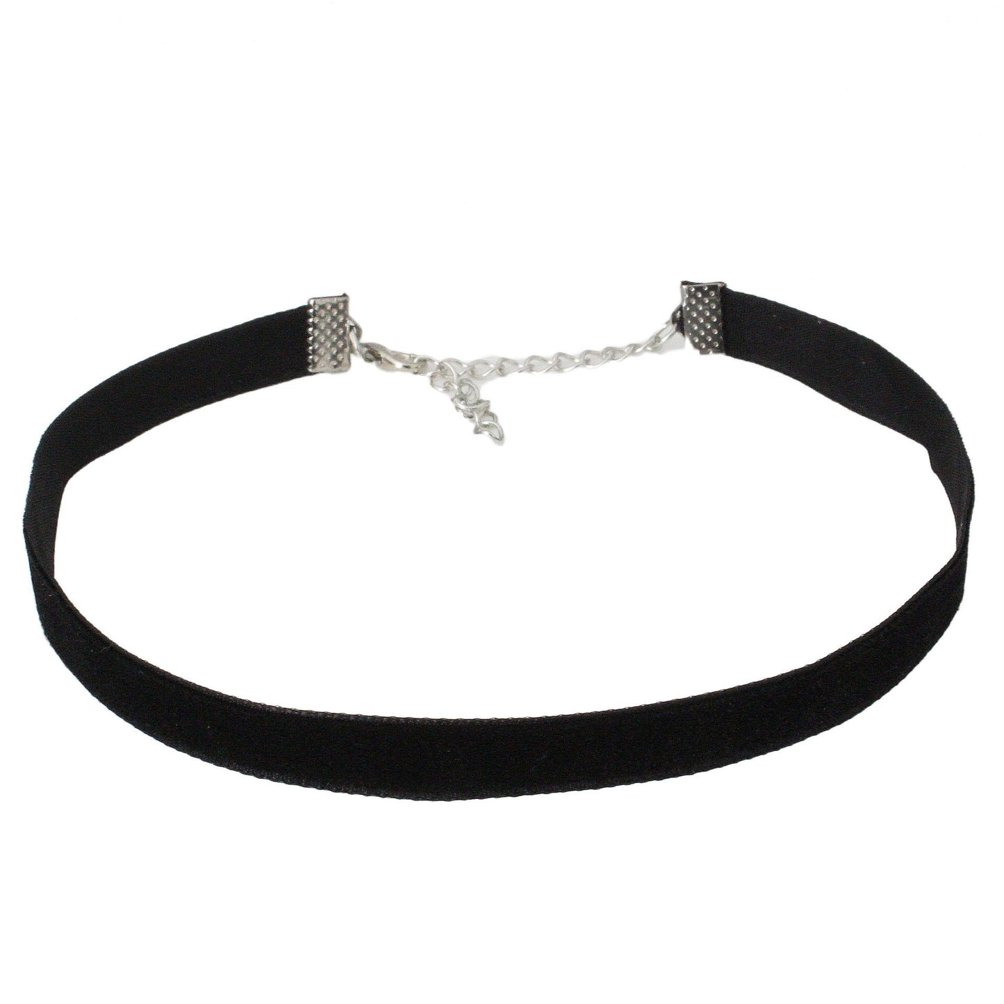 A black velvet choker necklace with silver end clasps and an adjustable chain is displayed against a white background, conveying a simple, elegant style.