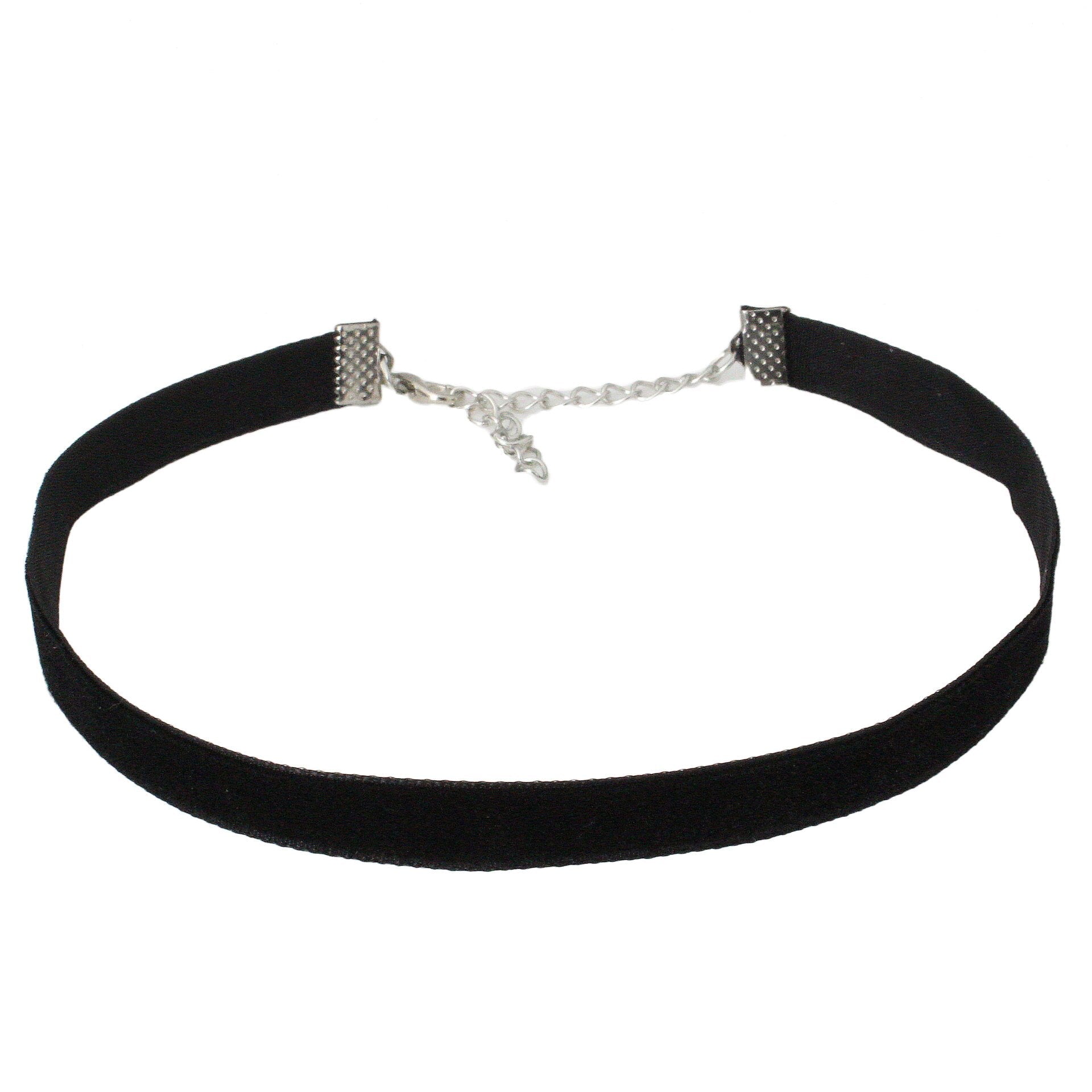 A black velvet choker necklace with silver end clasps and an adjustable chain is displayed against a white background, conveying a simple, elegant style.