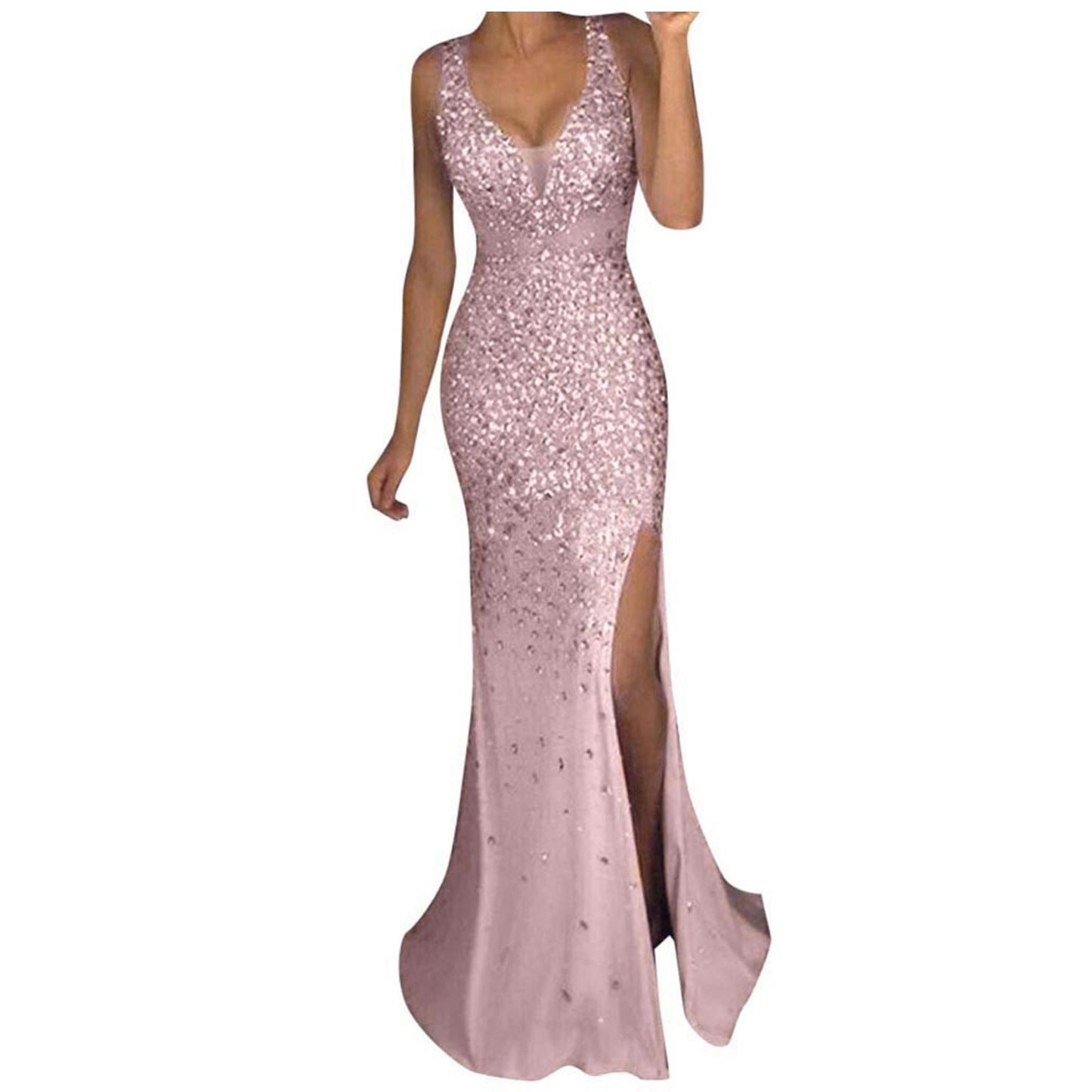 A woman wearing an elegant, sleeveless, fitted blush pink sequin gown with a deep V-neck and high slit, exuding a glamorous and sophisticated vibe.