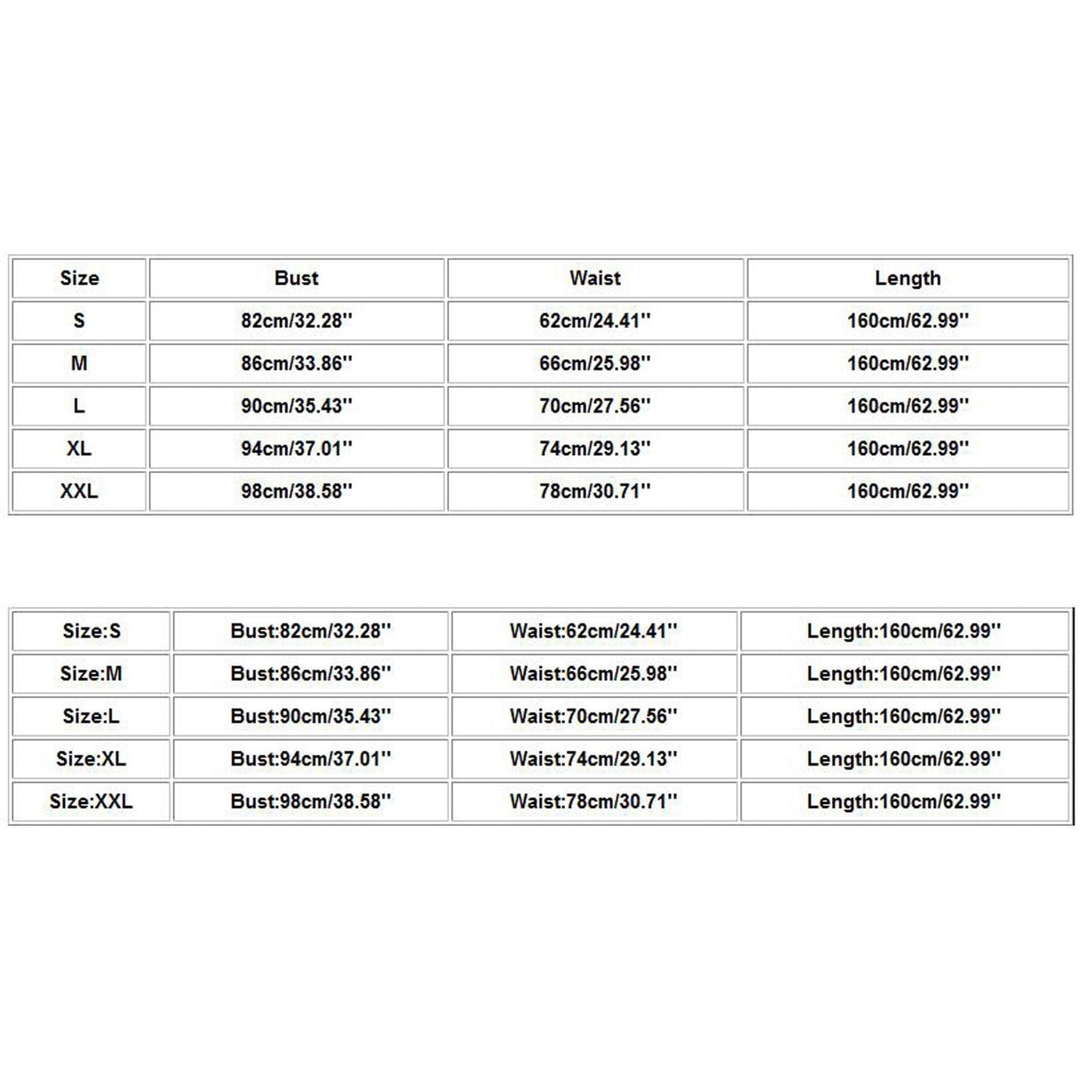 Chart displaying clothing sizes S to XXL with measurements for bust, waist, and length in both centimeters and inches. Two similar tables are shown.