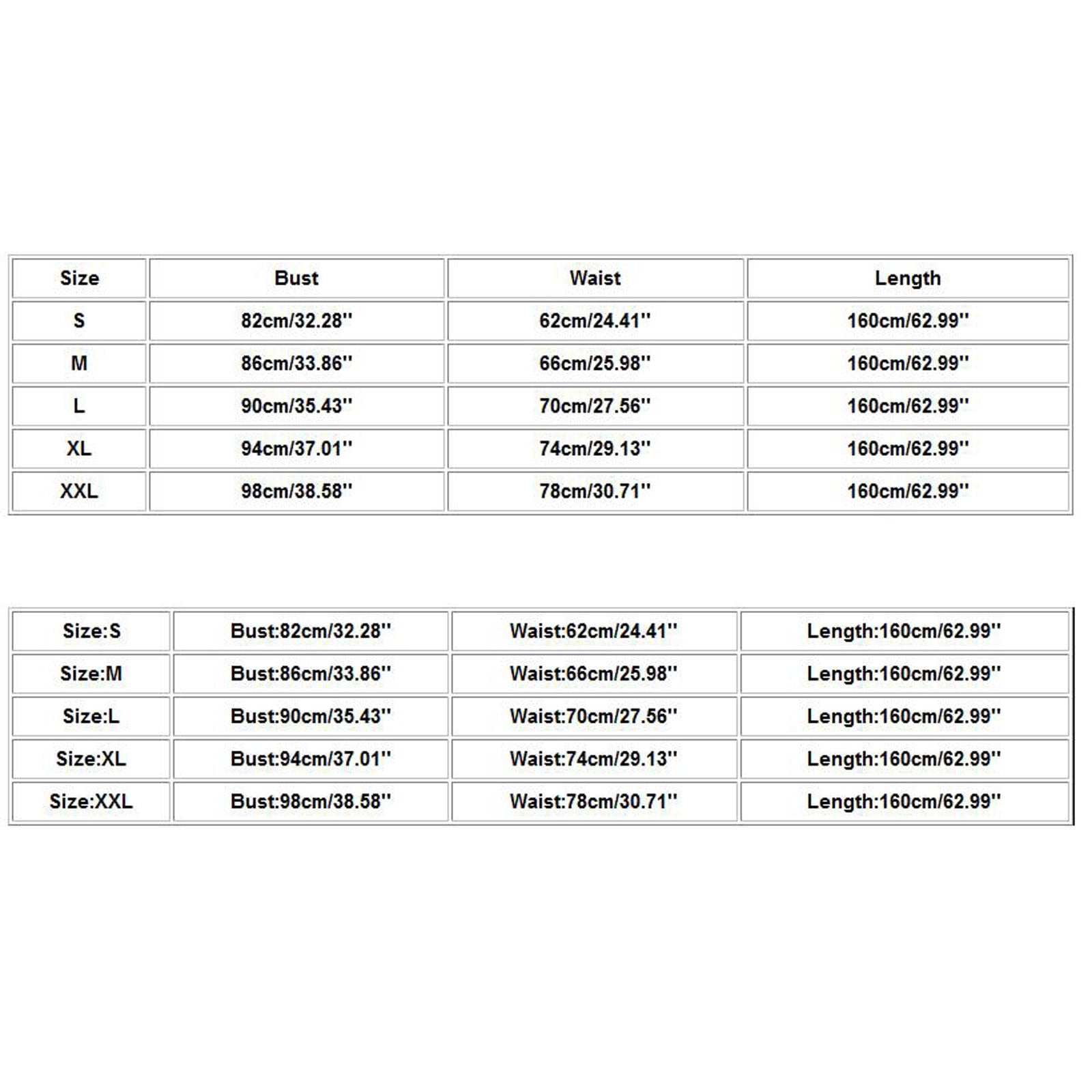 Chart displaying clothing sizes S to XXL with measurements for bust, waist, and length in both centimeters and inches. Two similar tables are shown.