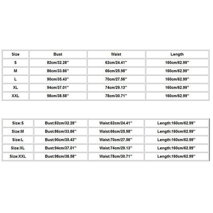 Chart displaying clothing sizes S to XXL with measurements for bust, waist, and length in both centimeters and inches. Two similar tables are shown.