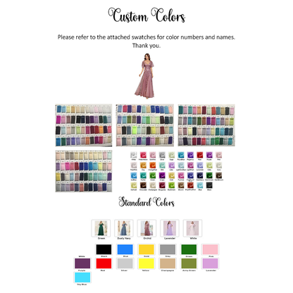 color swatches for dresses. Includes a variety of shades like pastels and bold colors. A model in a purple dress is centered for reference. Keywords: color swatches, custom colors, dresses."