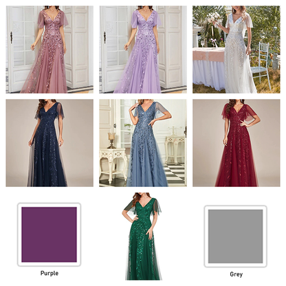 t women in colorful evening gowns set indoors and outdoors. Dresses in purple, lavender, white, navy, light blue, red, and green.