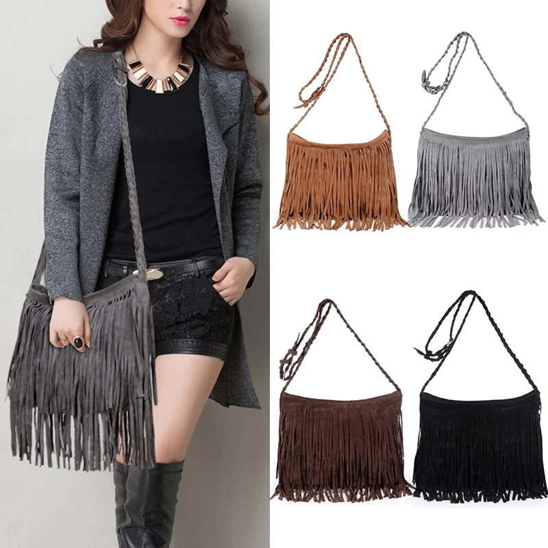 A woman in a gray coat and black top holds a gray fringe bag, surrounded by images of four colorful fringe bags: brown, gray, black.