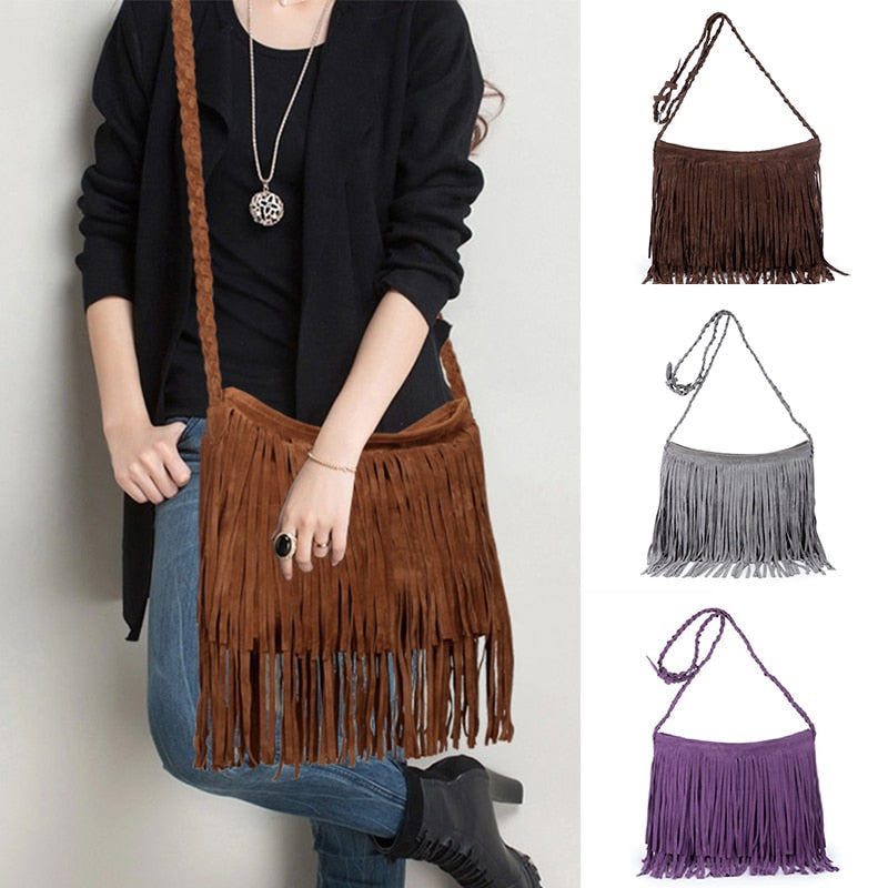 A woman wears a brown fringe handbag with a braided strap, showcasing three additional colors: dark brown, gray, and purple.