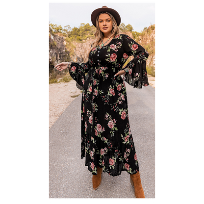 Funki Findz | Dresses | Women's Plus Floral Flare Sleeve Dress