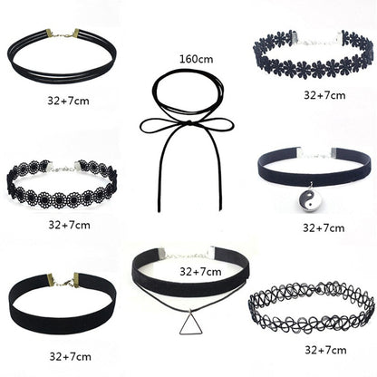 A display of eight black chokers on a white background. Designs include lace, velvet, floral, and a cord with a bow. Sizes vary between 32+7 cm and 160 cm, with some featuring pendants like a Yin Yang and a triangle.