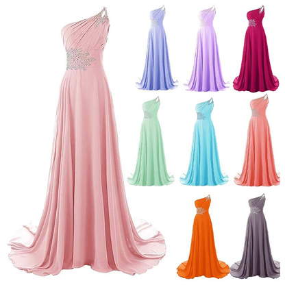 A collection of elegant one-shoulder floor-length dresses in various colors, featuring floral embellishments on the waist, exuding a formal and graceful tone.