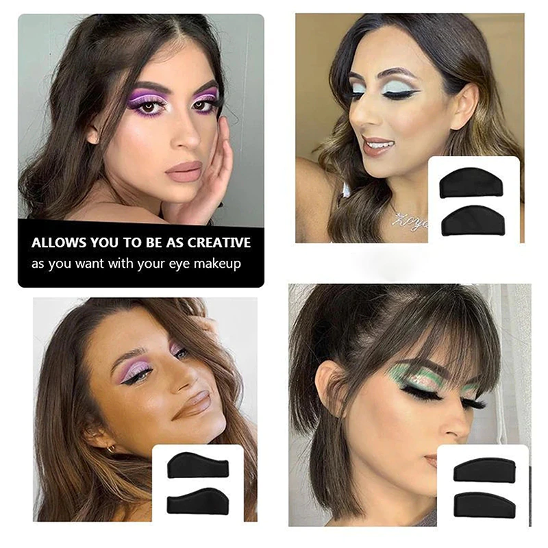Four women with creative eye makeup: purple, blue, pink, and green tones. Each has an eye makeup tool shown beside them.