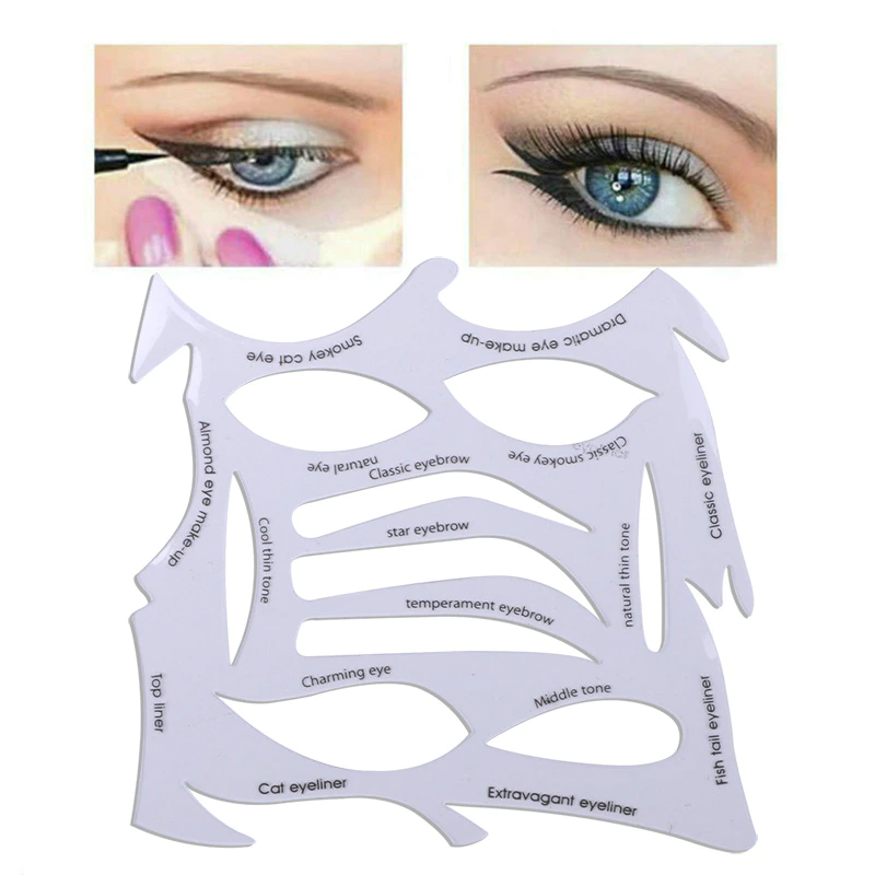 Close-up of two eyes showcasing makeup styles with detailed eyeliner and eyeshadow. Below, white stencil templates with various eyeliner and eyebrow shapes.