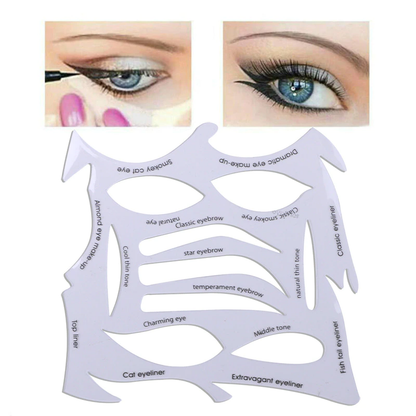 Close-up of two eyes showcasing makeup styles with detailed eyeliner and eyeshadow. Below, white stencil templates with various eyeliner and eyebrow shapes.
