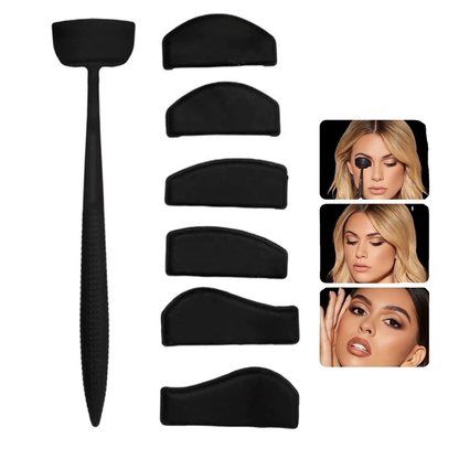 A black eyeshadow applicator with wavy attachments is shown next to images of models using it. The tone is professional and beauty-focused.