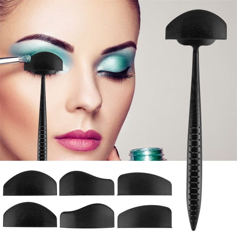 A woman with bold, teal eyeshadow and pink lipstick uses an eyeshadow stamp tool. The image includes multiple black stamp shapes and a makeup brush.
