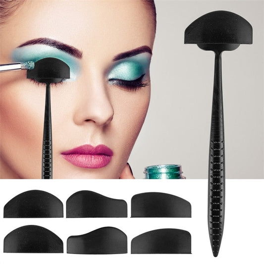 A woman with bold, teal eyeshadow and pink lipstick uses an eyeshadow stamp tool. The image includes multiple black stamp shapes and a makeup brush.