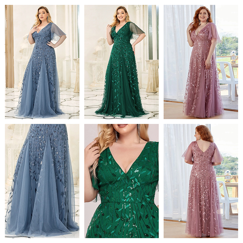 Elegant women in flowy, floor-length dresses in blue, green, and pink, with delicate leaf motifs. The setting is airy and luxurious, conveying grace and sophistication.