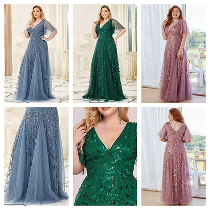Elegant women in flowy, floor-length dresses in blue, green, and pink, with delicate leaf motifs. The setting is airy and luxurious, conveying grace and sophistication.