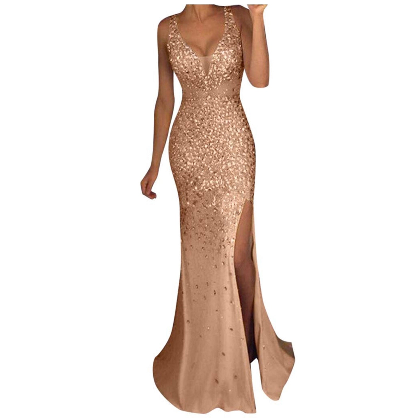 A sleeveless, floor-length rose gold gown with sparkling sequins. The dress features a deep V-neck and a high slit, emanating elegance and glamour.
