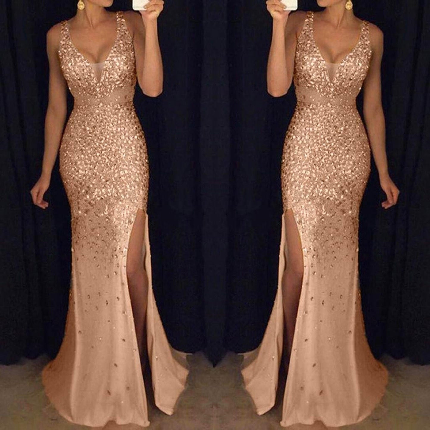 a woman in a shimmering, fitted, floor-length rose gold gown with a high slit, standing against a dark backdrop.