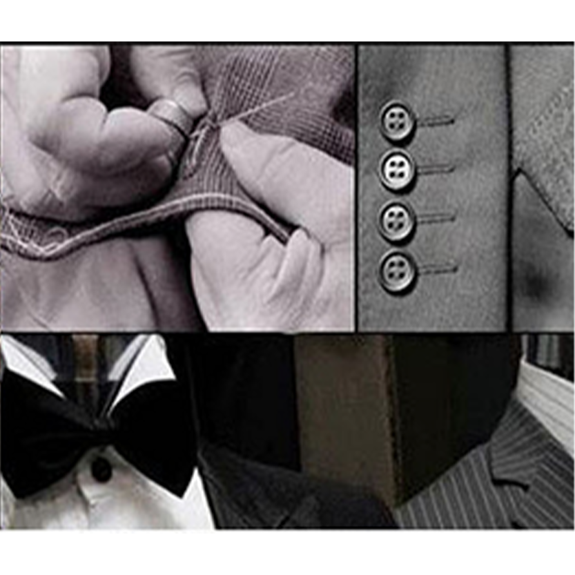 Close-up collage showing hands sewing fabric, four suit buttons, and a tuxedo with a bow tie, conveying craftsmanship and elegance.