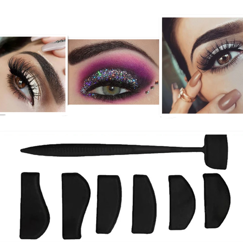 Close-up images of three eye makeup styles: natural lashes, glittery pink-purple eyeshadow, and bold lashes. Below are black eyelash tools.