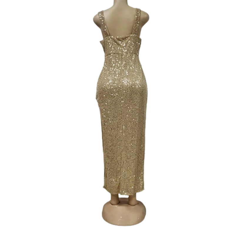 A back view of a mannequin wearing a long, gold sequin dress. The dress has wide shoulder straps and a fitted silhouette, exuding elegance.