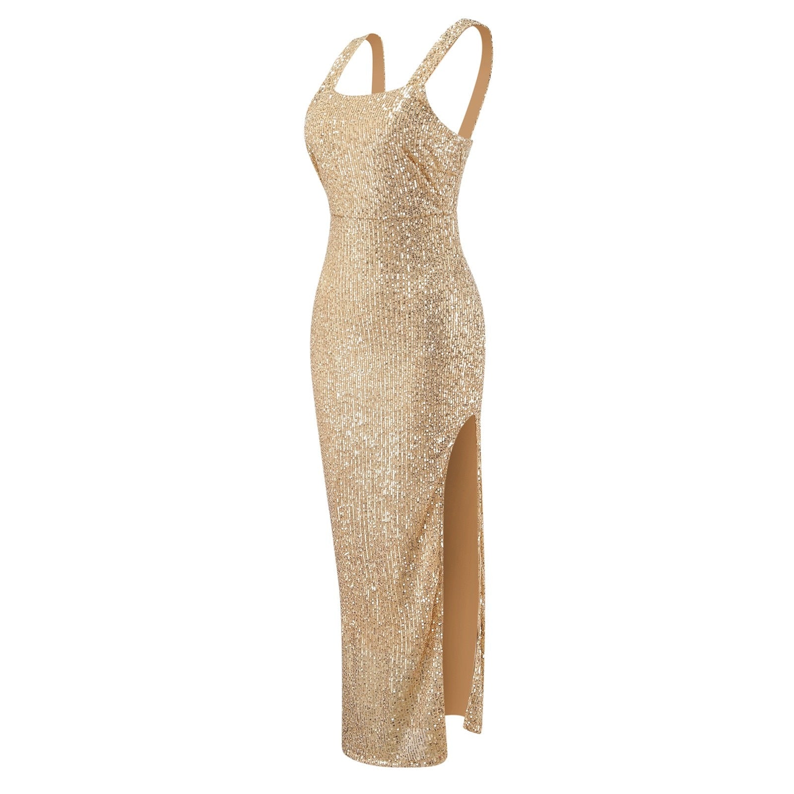 Elegant gold sequined evening gown with wide straps and a side slit, exuding glamour and sophistication, ideal for formal events.