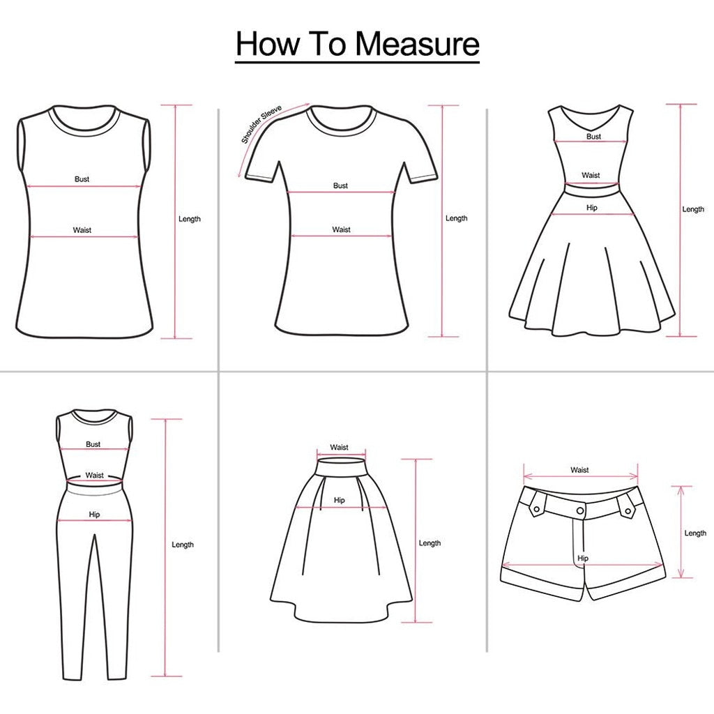 how to measure clothing: sleeveless top, T-shirt, dress, jumpsuit, skirt, shorts. Includes bust, waist, hip, length guidelines.