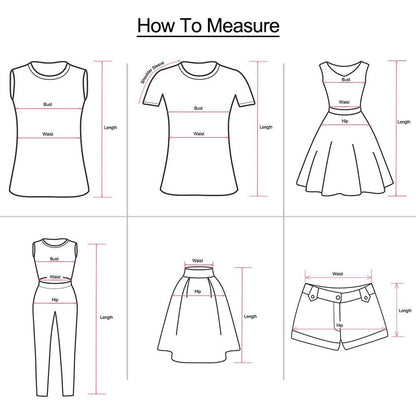how to measure clothing: sleeveless top, T-shirt, dress, jumpsuit, skirt, shorts. Includes bust, waist, hip, length guidelines.