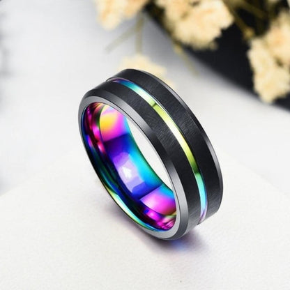 Funki Findz | Rings | Unisex Black Silver Rainbow Wedding Ring