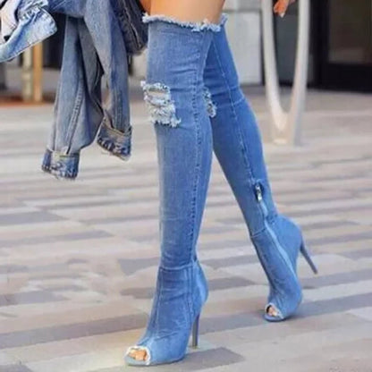 Funki Findz | Boots | Women's Denim Over Knee Stiletto Boots