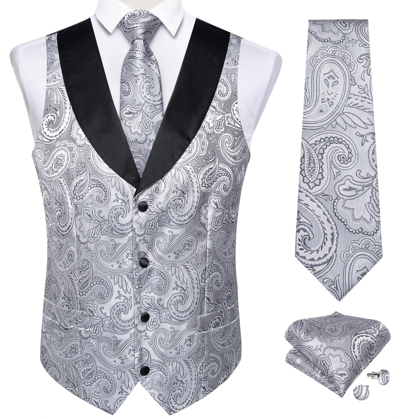 Funki Findz | Vests | Men's Formal Silk Slim Waistcoat 4 Pcs Sets