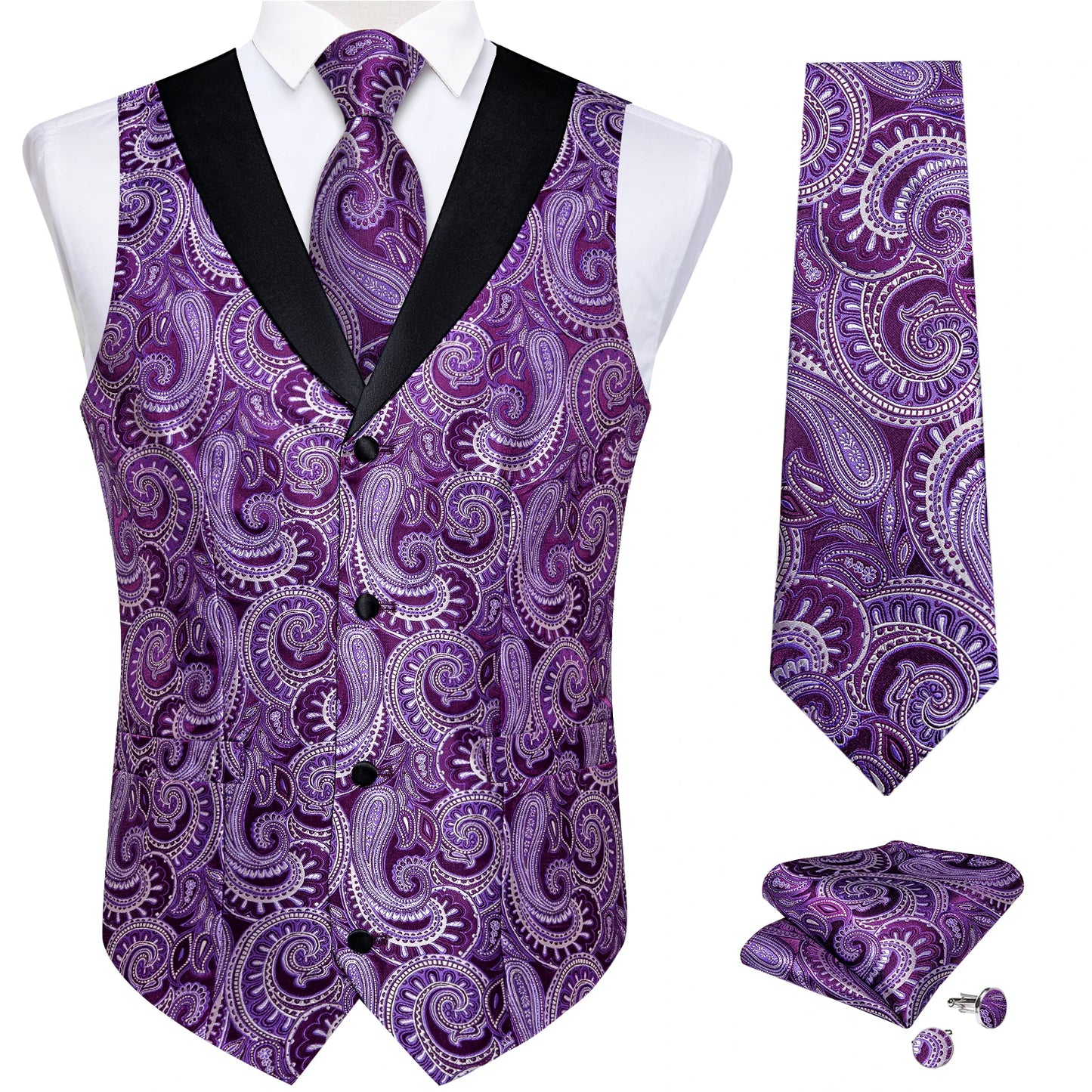 Funki Findz | Vests | Men's Formal Silk Slim Waistcoat 4 Pcs Sets