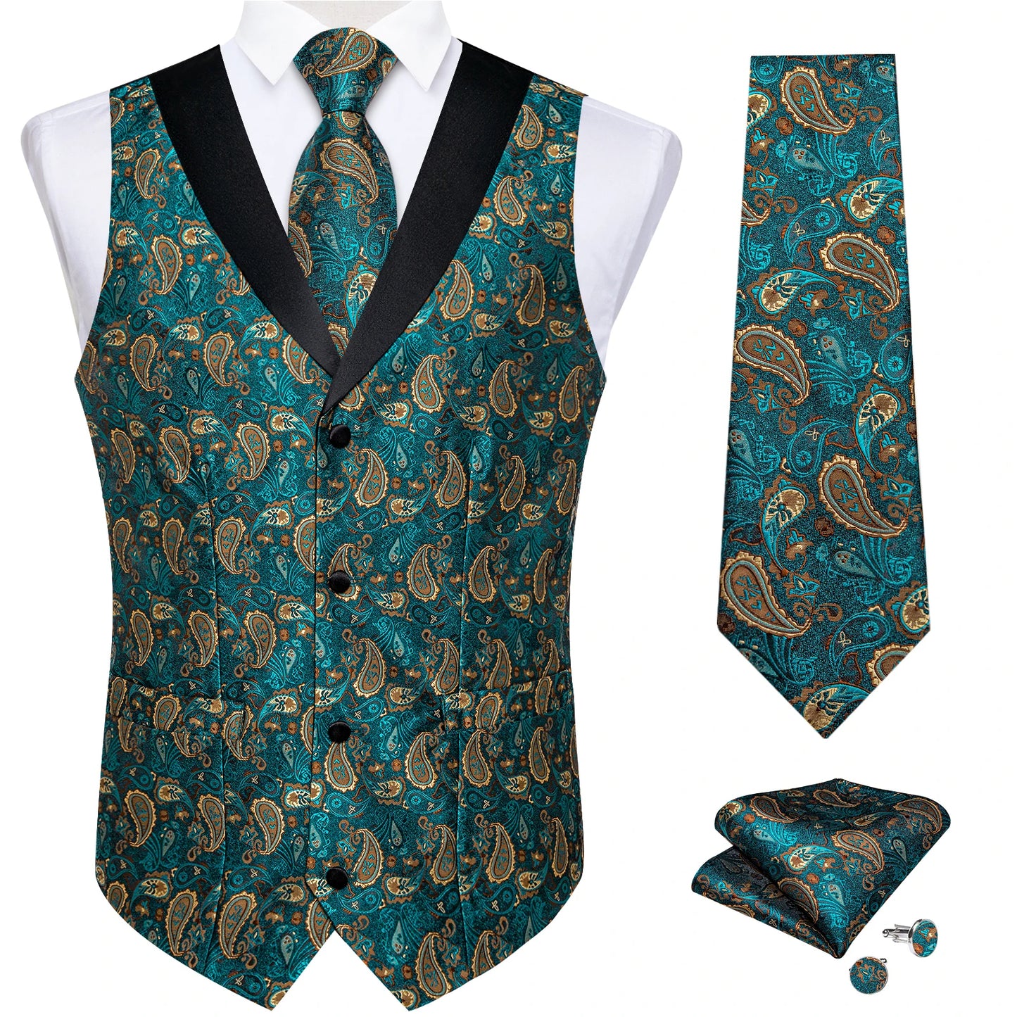Funki Findz | Vests | Men's Formal Silk Slim Waistcoat 4 Pcs Sets