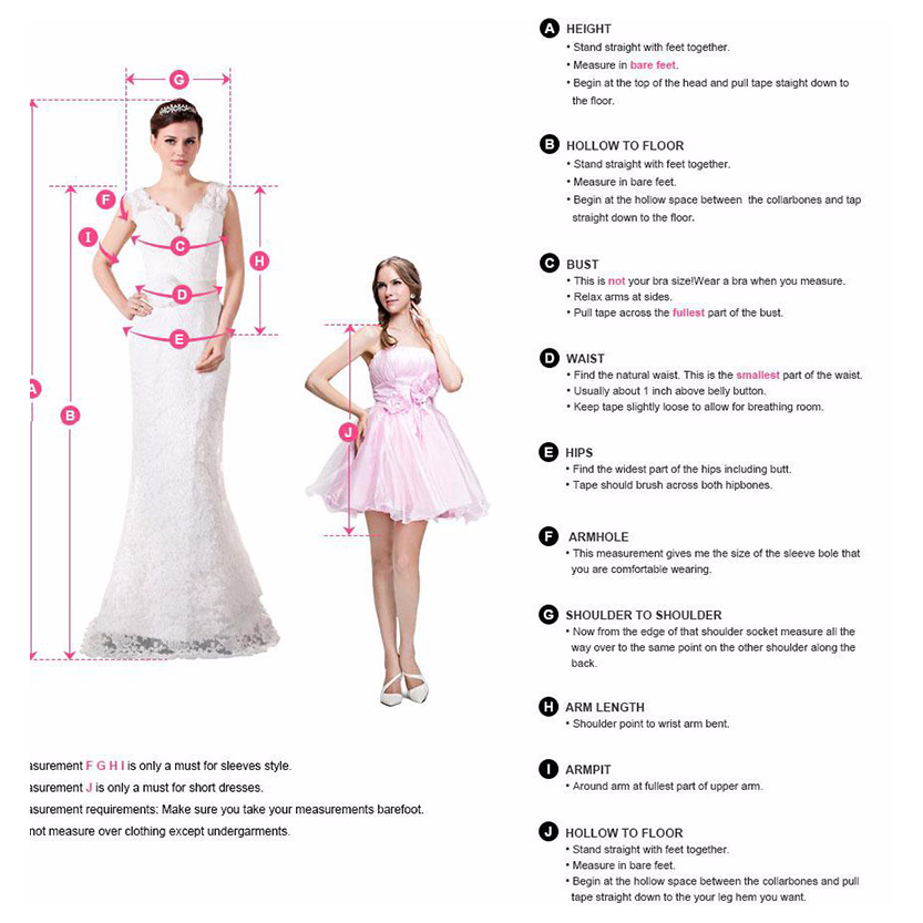 Two women in dresses demonstrate measurement points for tailoring. The left in white, the right in pink. Text on the right lists measurement instructions.