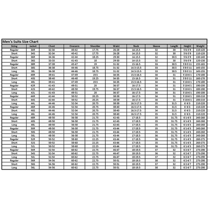 Chart showing men's suit sizes with categories for sizing (Regular, Short, Long), jacket, chest, overarm, shoulder, waist, neck, sleeve, length, height, and weight.